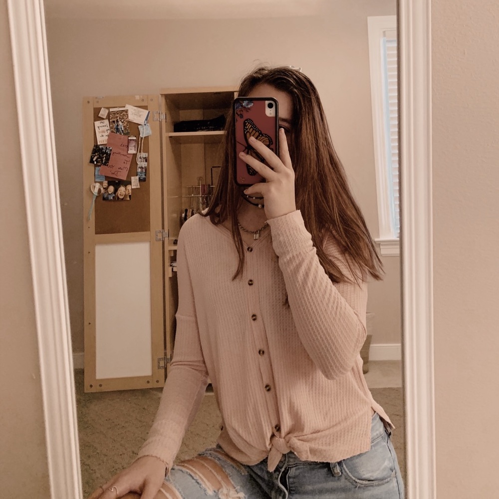 light pink waffle knit button down tie top